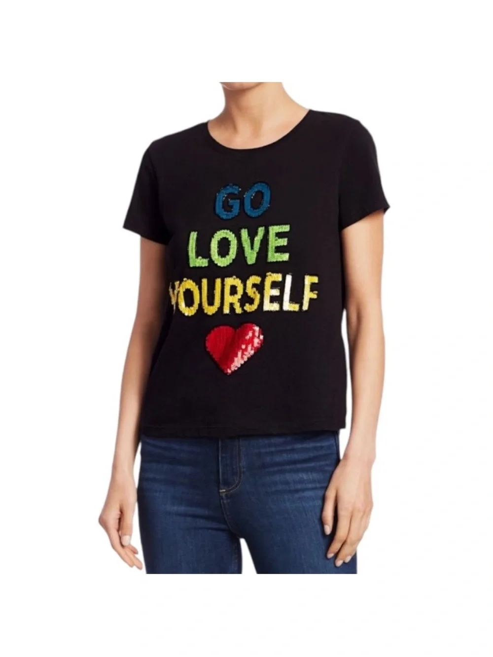 Alice + Olivia Black Sequin "Go Love Yourself" Tee with Red Heart Size L - Picture 5 of 10